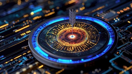 Futuristic Electronic Target with Arrow on Circuit Board Background