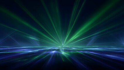 Abstract ethereal light rays emanating from a luminous horizon creating a vibrant glowing and dynamic atmospheric phenomenon with deep blue and green hues illuminating a reflective surface below