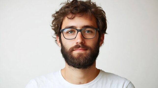 Portrait of a young man with glasses, neutral expression, studio background; for websites, advertising