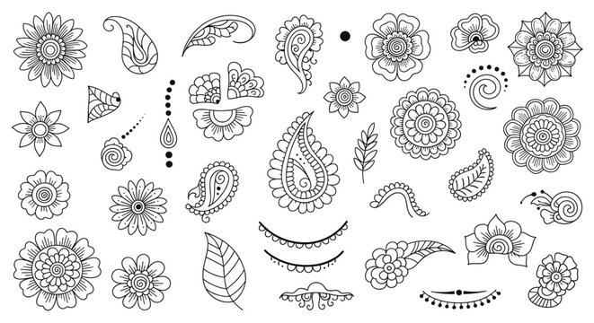 Henna tattoo floral doodle vector elements isolated on white background in traditional mehndi style