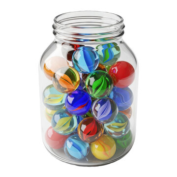 A clear glass jar filled with a colorful collection of glass marbles