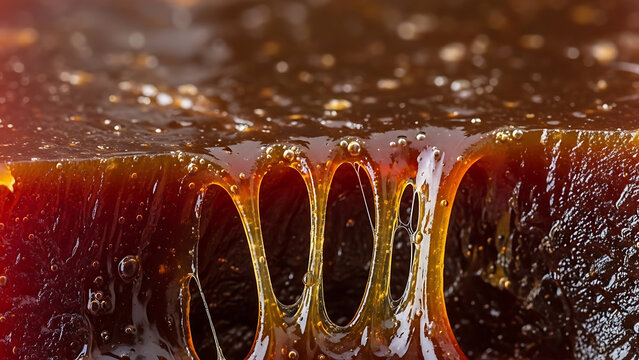 A detailed macro shot of sugar crystals forming on the surface of a piece of Dodol toffee-like candy showcasing its glossy, sticky texture.
