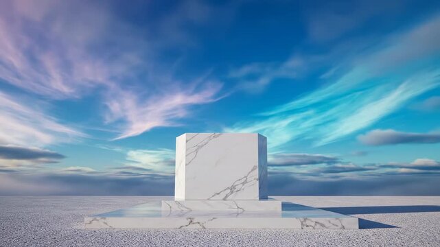 Static wide shot of a perfect geometric pedestal structure situated beneath clouds that slowly shift from pink and lavender to soft blue and cyan gradients seamless, pastel colors, color shift