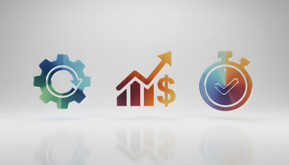 Obraz premium Optimized Business Processes, Financial Growth, and Efficient Time Management Represented by Modern 3D Icons on a Reflective Surface