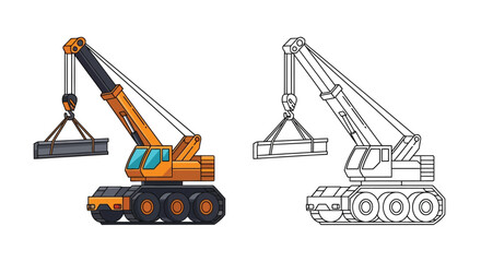 Crane lifting weight: A vector illustration showcases a crane in action, lifting a weight, featuring a colorful design and a monochrome version for creative applications.