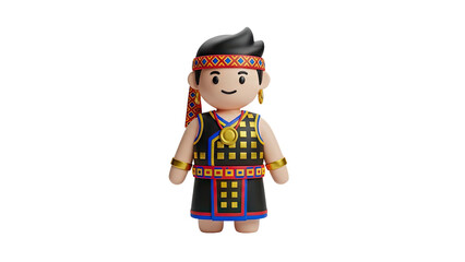 3D Cute cartoon character with traditional clothing and accessories on transparent background