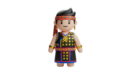 3D Cute cartoon character with traditional clothing and accessories on transparent background
