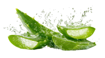 Fresh aloe vera leaves with water splash showing natural skincare ingredient hydration health beauty cosmetic concept macro illustration on white background
