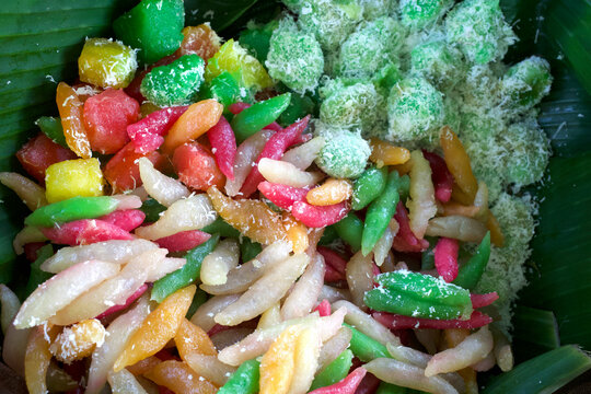 Colorful klepon, cenil, red, green, white klepon, gethuk, Indonesian traditional snacks called jajanan pasar