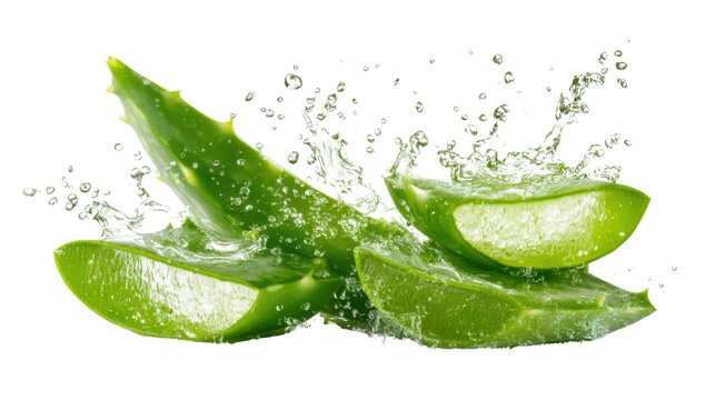 Fresh aloe vera leaves with water splash showing natural skincare ingredient hydration health beauty cosmetic concept macro illustration on white background