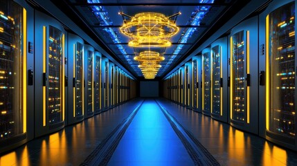 Futuristic Data Center with Server Racks and Bright Lighting Effects