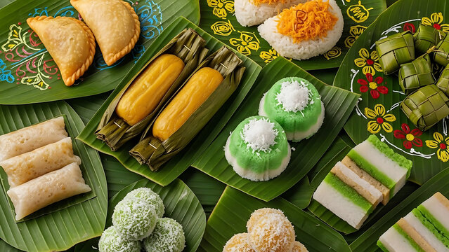 A bright and playful shot of various Indonesian jajanan pasar market snacks like nagasari and putu ayu arranged on colorful, patterned banana leaves.