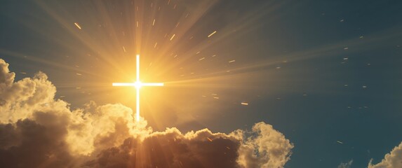 Celestial Radiance. A Cross Form Amidst Clouds and Beams of Light, Abstract Vision.
