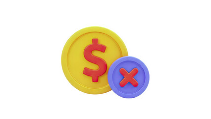 3D Dollar coin with a red cross mark on transparent background