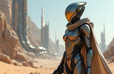 Futuristic female alien warrior wears advanced metallic armor with gold accents and flowing cape. She stands in barren desert landscape dotted with strange, towering sci-fi structures under clear sky.