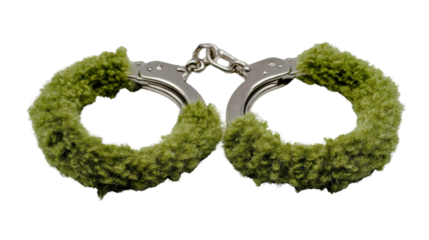 Handcuffs covered with green moss eco ecology conservation abstract symbolizing freedom nature environment sustainability concept creative surreal object illustration on white background