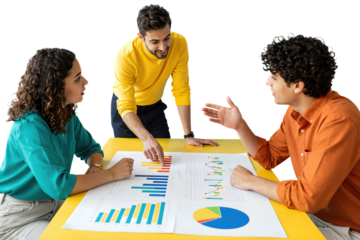 Team discussing data charts on a yellow table