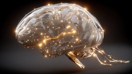 A technologically advanced brain design showcases intricate circuitry and glowing connections.