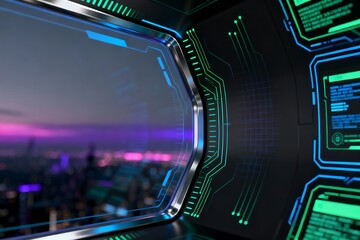 Generative AI futuristic digital control room with neon holographic interfaces and immersive