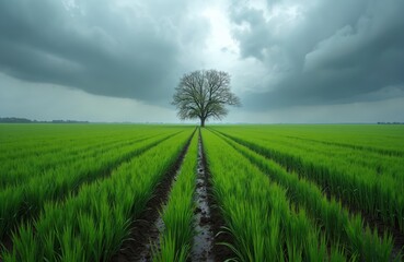 Vast green cereal field with young sprouts and a bare tree under a stormy sky. Dark clouds gather over the open rural landscape. Agricultural land stretches to the horizon.