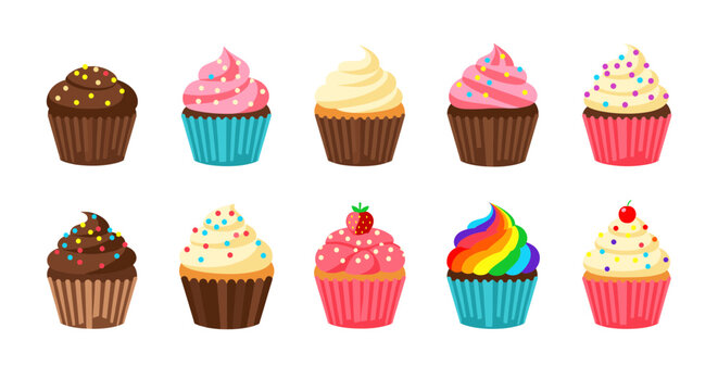 Delicious cupcakes and muffins with sprinkles flat vector illustration set isolated on white
