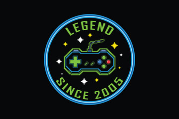 Legendary gamer badge with retro controller and starry background