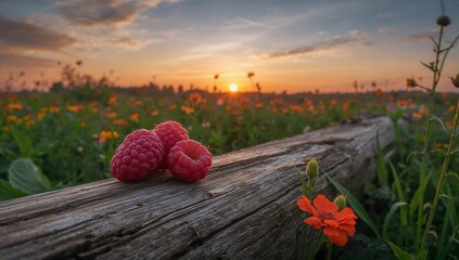 Crimson Berries on Weathered Wood at Sunset, Amidst a Field of Orange Flowers.