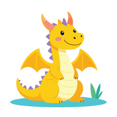 A cute cartoon yellow dragon with purple spikes and orange wings sitting on a blue patch of ground.