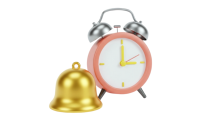3D Alarm Clock and Golden Bell on transparent background