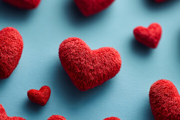 Valentine day greeting card or banner. Red hearts on blue background top view. Flat lay.