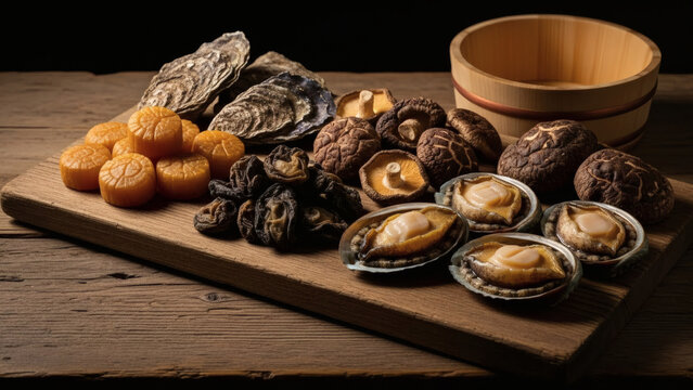 Rustic Still Life of Luxury Dried Seafood Ingredients on Wooden Board