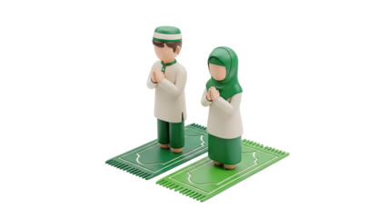 3D Muslim Children Praying on Prayer Rugs on transparent background