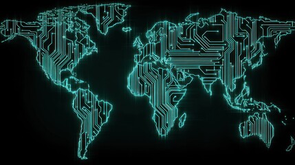 Global network map featuring a circuit board design, showcasing worldwide connectivity in a vibrant turquoise hue.
