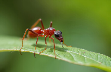 Red ant climbs on green leaf closeup. Small insect with long legs and antennae moves on plant. Nature wildlife macro scene with bug on foliage.