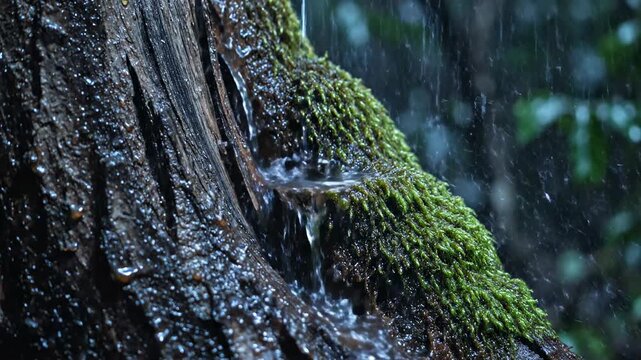 Static, highly detailed shot focusing on the rough texture of wet, moss-covered tree bark in a nocturnal rainstorm within a dense and silent forest woods, highly, meditation