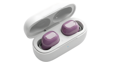 Modern wireless in-ear headphones in a vibrant purple hue, neatly housed within their white charging dock, representing advanced personal audio technology and convenience for a contemporary lifestyle