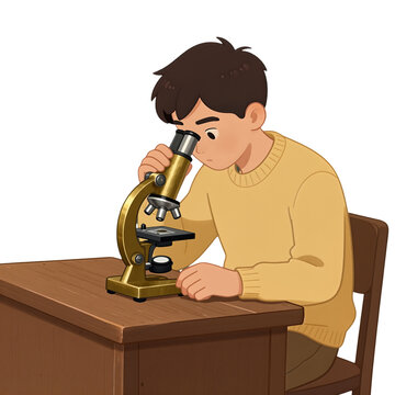 Young boy looking through a microscope on a wooden table.