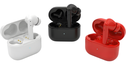 Assortment of modern wireless earbuds in white, black, and red with open charging cases, offering versatile portable audio technology for convenient mobile sound experiences