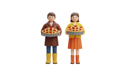 3D Couple Holding Cherry Pies on transparent background