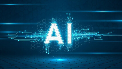 Artificial Intelligence Concept with Glowing Blue Circuits and Neon Lights in a Dark Room