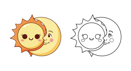 Obraz premium Celestial Embrace: Whimsical illustrations depicting the sun and moon in a loving embrace, conveying warmth and unity. 