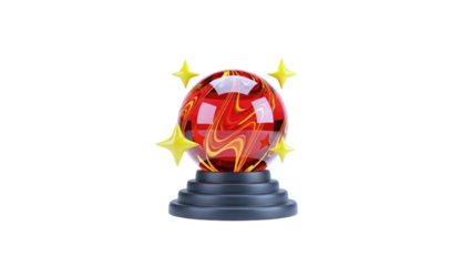 3D Crystal ball with glowing pattern and stars on transparent background