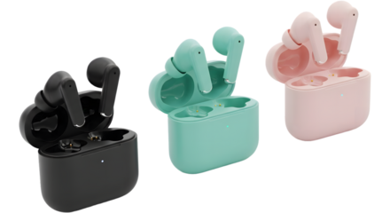 Stylish trio of modern wireless earbuds in black, mint green, and soft pink, with their open charging cases, highlighting contemporary portable audio technology and personal listening devices
