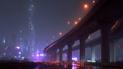 A futuristic cityscape at night, illuminated by vibrant neon lights under a highway overpass, showcasing a mesmerizing blend of colors and architectural marvels.