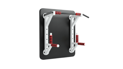 3D Wall mounted pull up bar and dip station with grips on transparent background