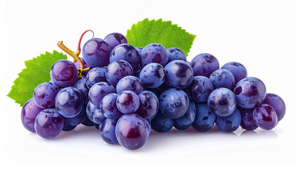Cluster of ripe purple grapes with water droplets and a green leaf fruit food