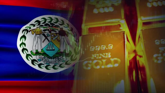 The Belize flag, gold bars, and economic data charts illustrate business partnerships, trade, and investment relationships.