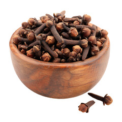 Obraz premium Aromatic Whole Dried Cloves in Wooden Bowl Spilled on White Background