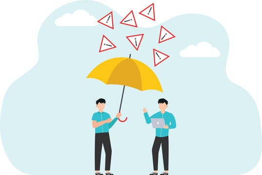 Methods for solving difficult problem, technical support, optimization of work, analysis and prevention of unforeseen circumstances, large hand with umbrella protects man from falling danger signs.


