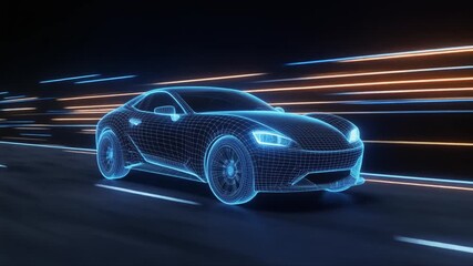 A glowing wireframe sports car in motion with light streaks trailing behind, set in a futuristic digital environment. - Powered by Adobe